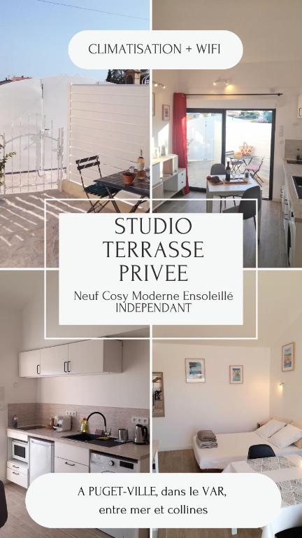 un collage de photos d'une cuisine et d'un salon dans l'établissement Studio logement entier calme neuf climatisé avec extérieur, à Puget-Ville