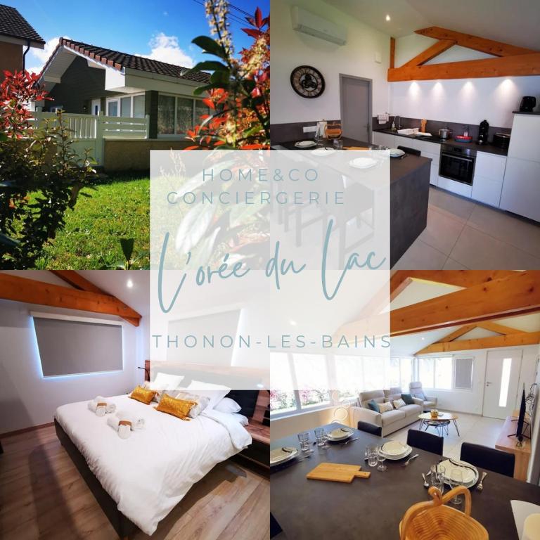 un collage de photos d'une cuisine et d'une maison dans l'établissement L'orée du Lac Calme et détente, à Thonon-les-Bains