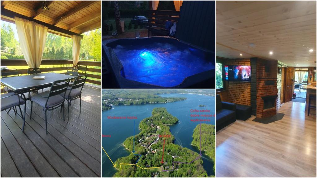 a collage of pictures of a house with a pool at RESET W WERLASIE- Domek - Jacuzzi -kajak - ApartamentyHappy pl in Werlas