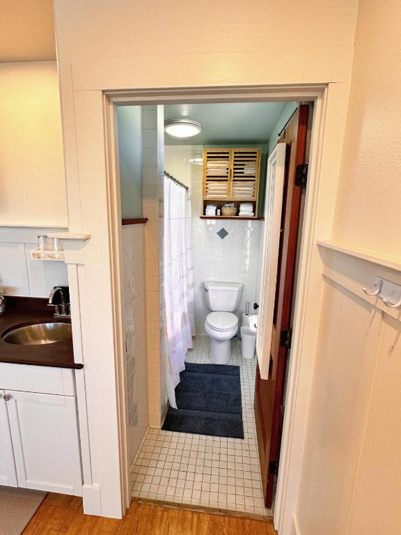 a small bathroom with a toilet and a sink at Hilo Town Inn in Hilo