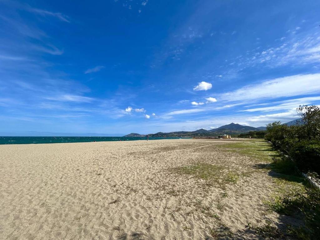 une plage de sable avec un ciel bleu et l'océan dans l'établissement Charmant T3 Rez-de-Jardin, 50m Plage, Parking Privé - FR-1-388-238, à Argelès-sur-Mer