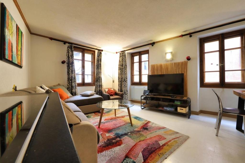 salon z kanapą i telewizorem w obiekcie 'La Maison' City House in the historic Annecy w Annecy