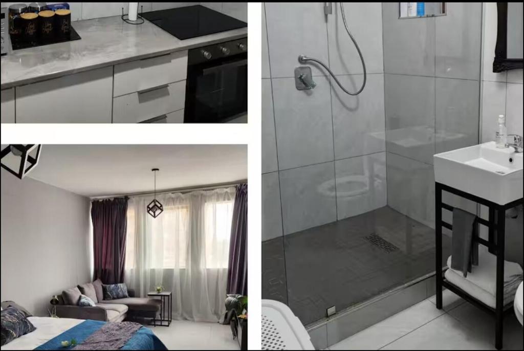 two pictures of a kitchen and a bathroom with a shower at Neat, instaworthy, self-checkin flat in Pretoria in Pretoria