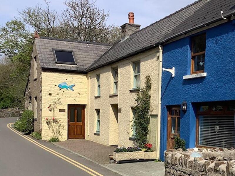 a couple of blue and white houses on a street at Bwthyn Strathmore - Charming 18th-Century Cottage in Solva's Heart in Solva