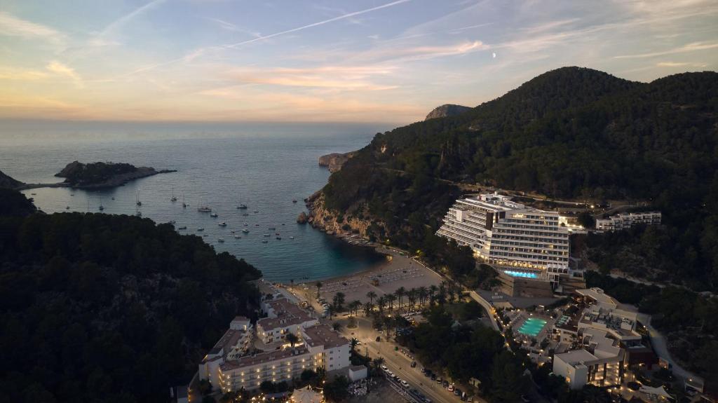 an aerial view of a beach with a cruise ship at Cala San Miguel Ibiza Resort, Adults only, Curio Collection by Hilton in Puerto de San Miguel