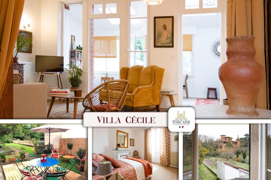 un collage de photos d'un salon avec un vase dans l'établissement Villa Cécile - Climatisée avec jardin et parking, à Albi