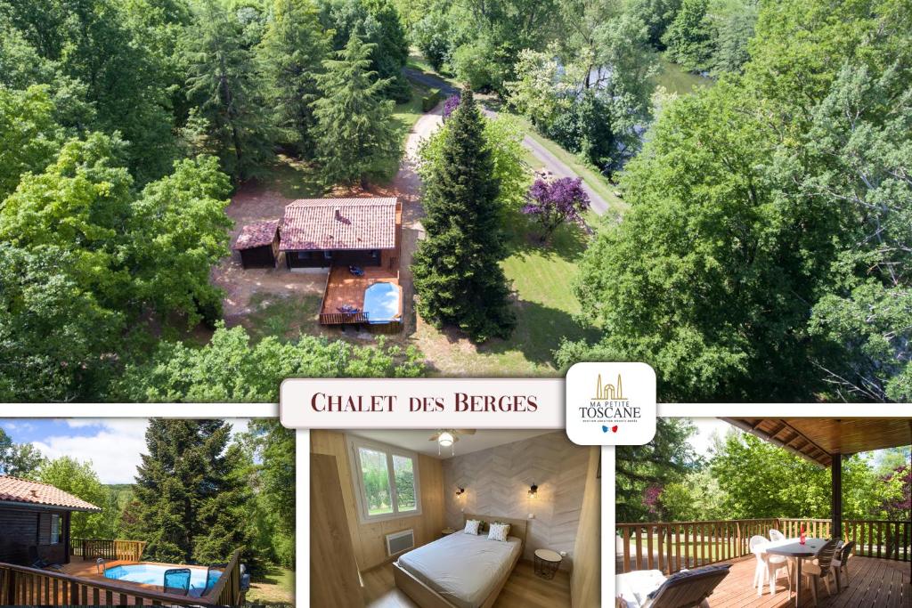 un collage de trois photos d'une maison dans l'établissement Le Chalet des Berges - Piscine chauffée & Ponton Privé - En bordure de la rivière Aveyron, à Saint-Antonin