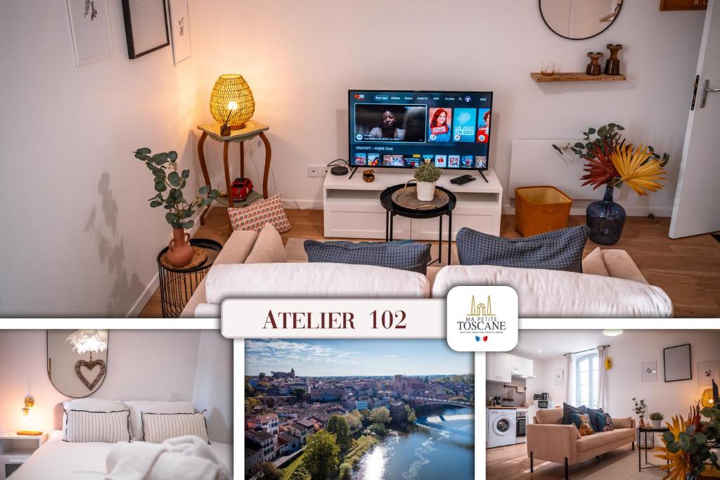 a room with a tv and a living room with a couch at Les Ateliers de Philadelphe in Gaillac