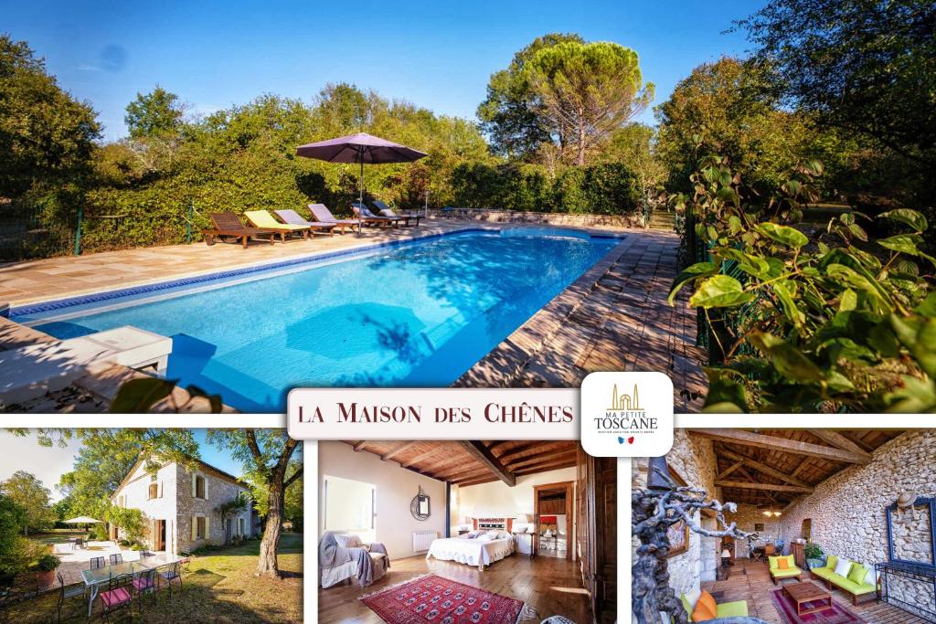 un collage di tre foto di una piscina di La Maison des Chênes - Piscine et grand terrain arboré dans une ambiance bucolique. a Cahuzac-sur-Vère