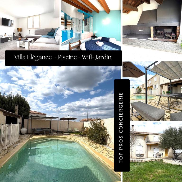 un collage de photos d'une piscine dans l'établissement Villa Elegance - Piscine - Jardin - Moderne TopProsConciergerie, à Fabrègues