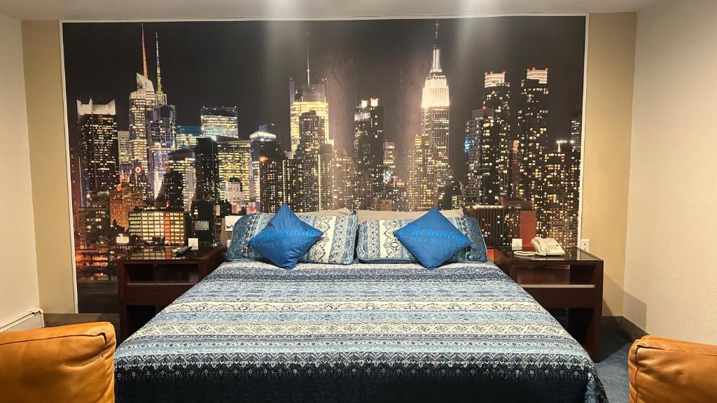 a bed with blue pillows in front of a city skyline at Chesaning INN & Suites in Chesaning
