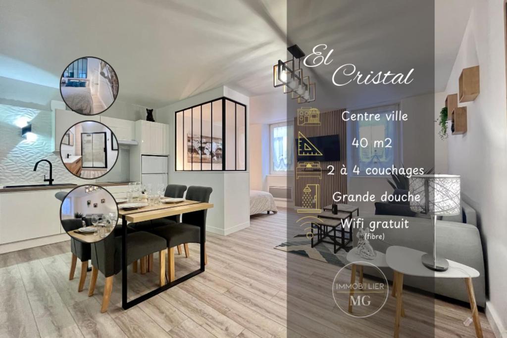 une salle à manger avec une table et un miroir dans l'établissement El Cristal - Tournon-sur-Rhône, à Tournon-sur-Rhône