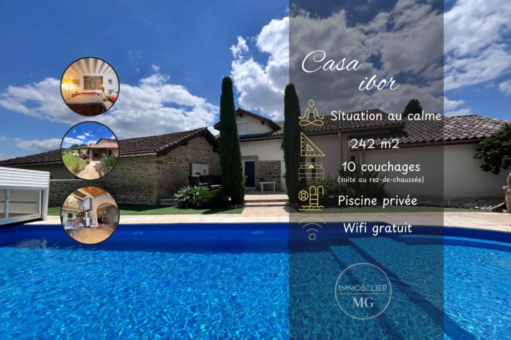 un collage de photos d'une maison et d'une piscine dans l'établissement Casa Ibor - Montchenu, à Montchenu