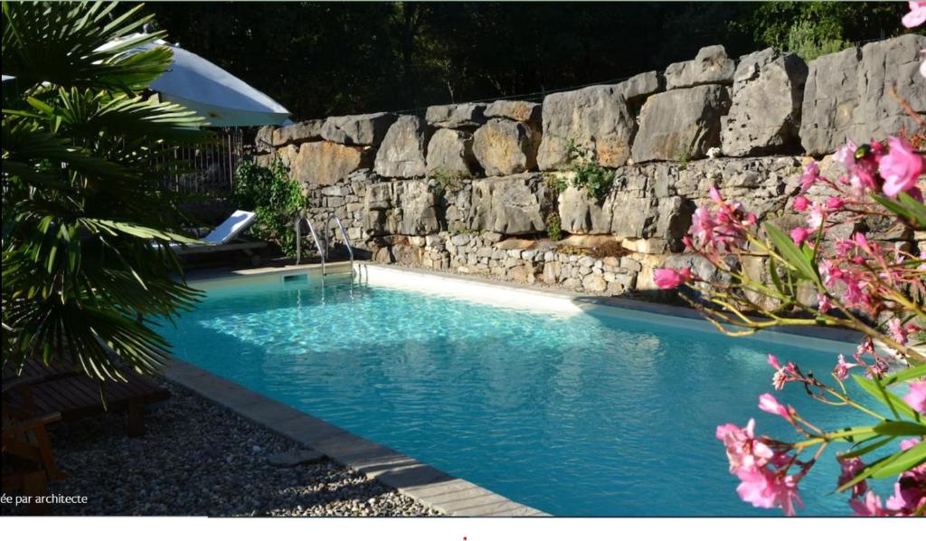 - une piscine à côté d'un mur en pierre dans l'établissement Mas en pierre XIXe, piscine et grande propriété, atelier céramique et poterie, aux Vans