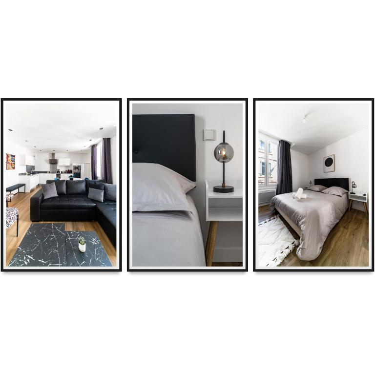 4 photos d'une chambre et d'un salon dans l'établissement Résidence Gilbert - Appartements design centre ville, à Vichy