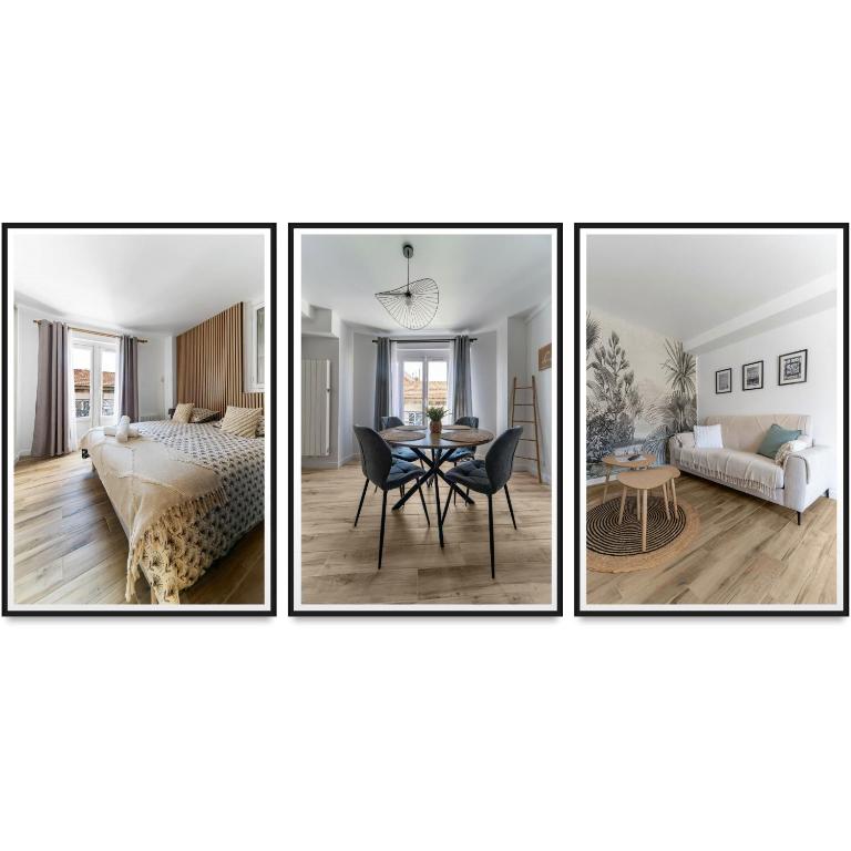 4 photos d'une chambre et d'un salon dans l'établissement L'Albert 1er - Appartement design hyper centre - Idéal Curiste, à Vichy