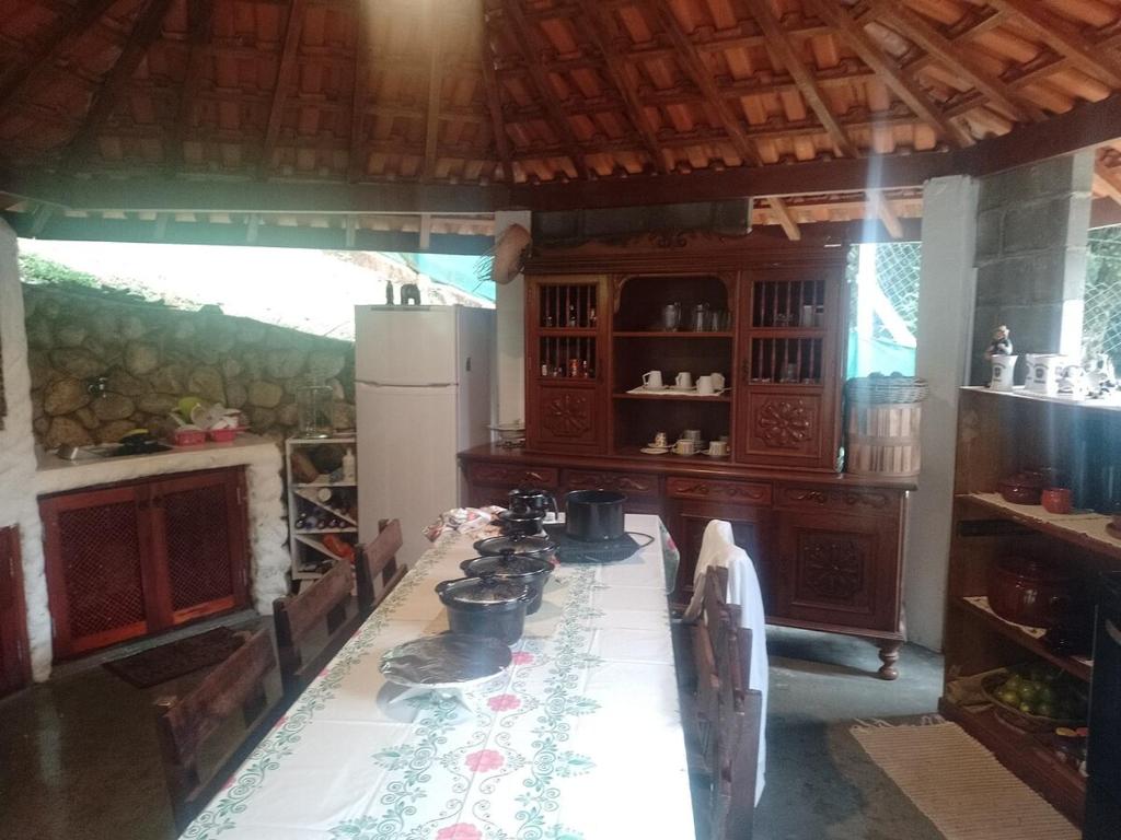 a kitchen with a table with a stove in it at Casa no Bosque Vila Natal in Campos do Jordão