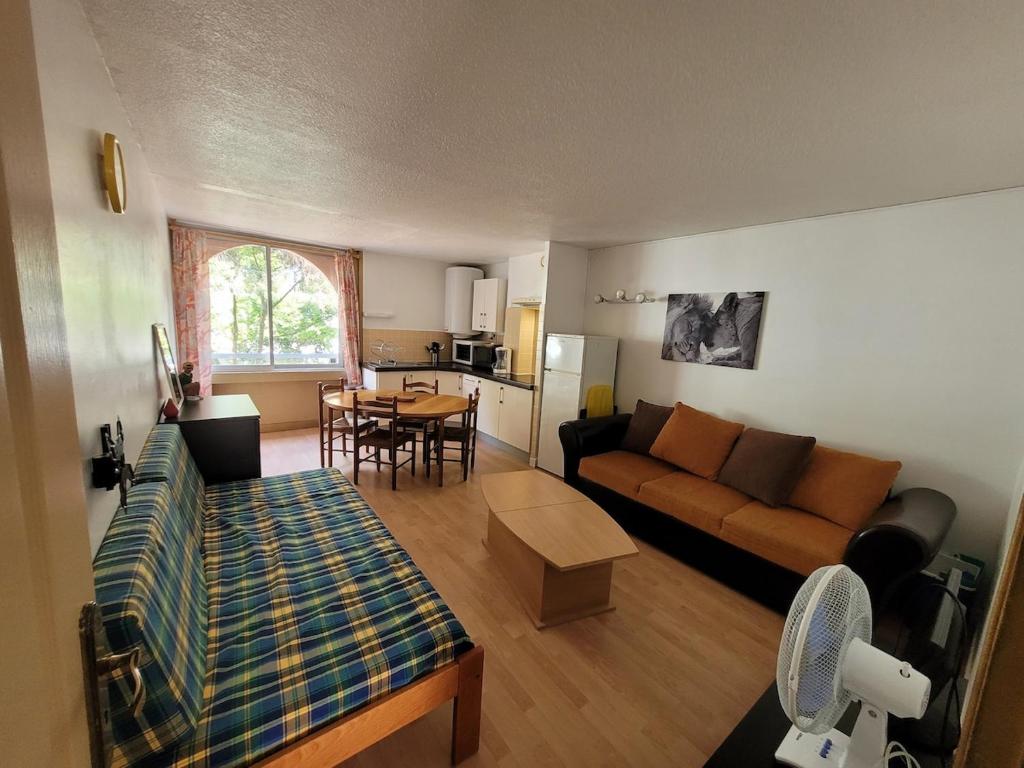 un salon avec un canapé et une table dans l'établissement Appartement 2 pièces - un petit coin de paradis, à La Grande Motte