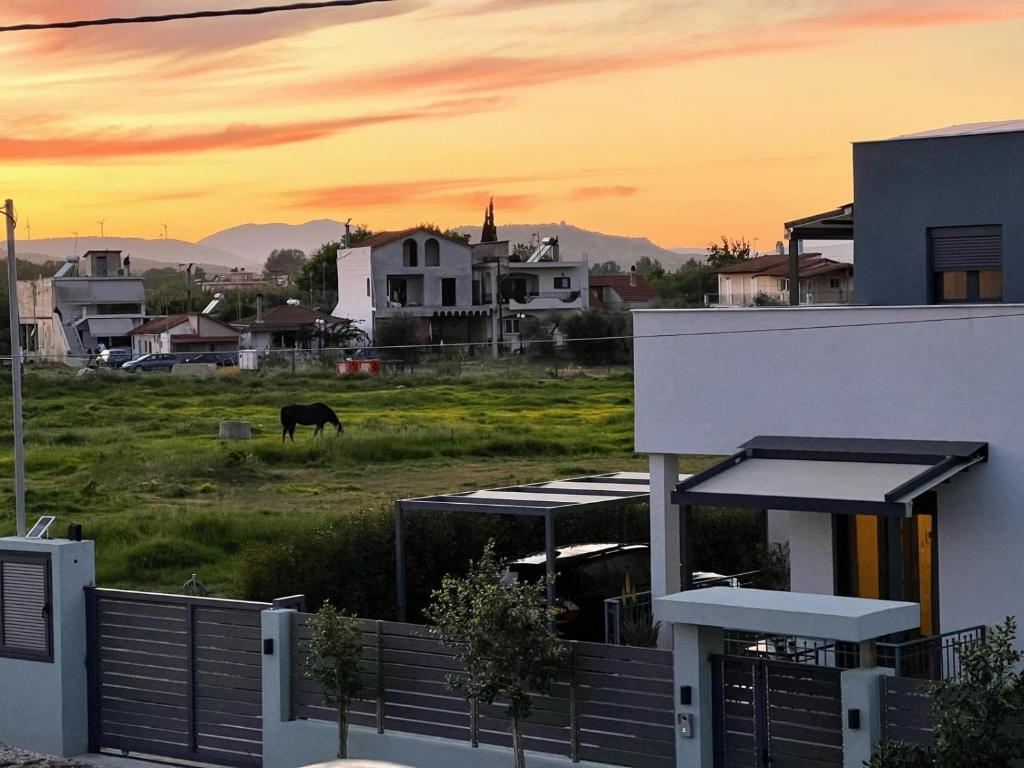 Una casa con una valla y un caballo en un campo. en Neo-Residence, en Neochórion