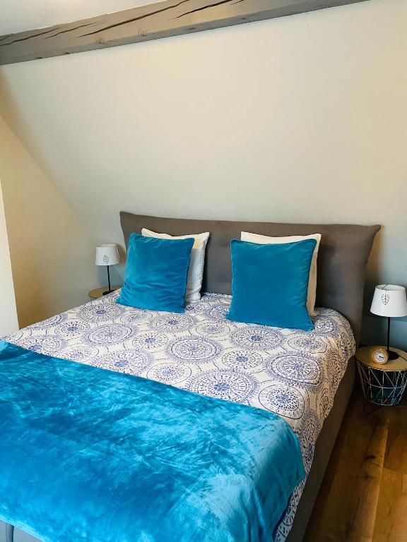 une chambre avec un lit avec des oreillers bleus dans l'établissement Les appartements d'estelle, à La Petite-Pierre