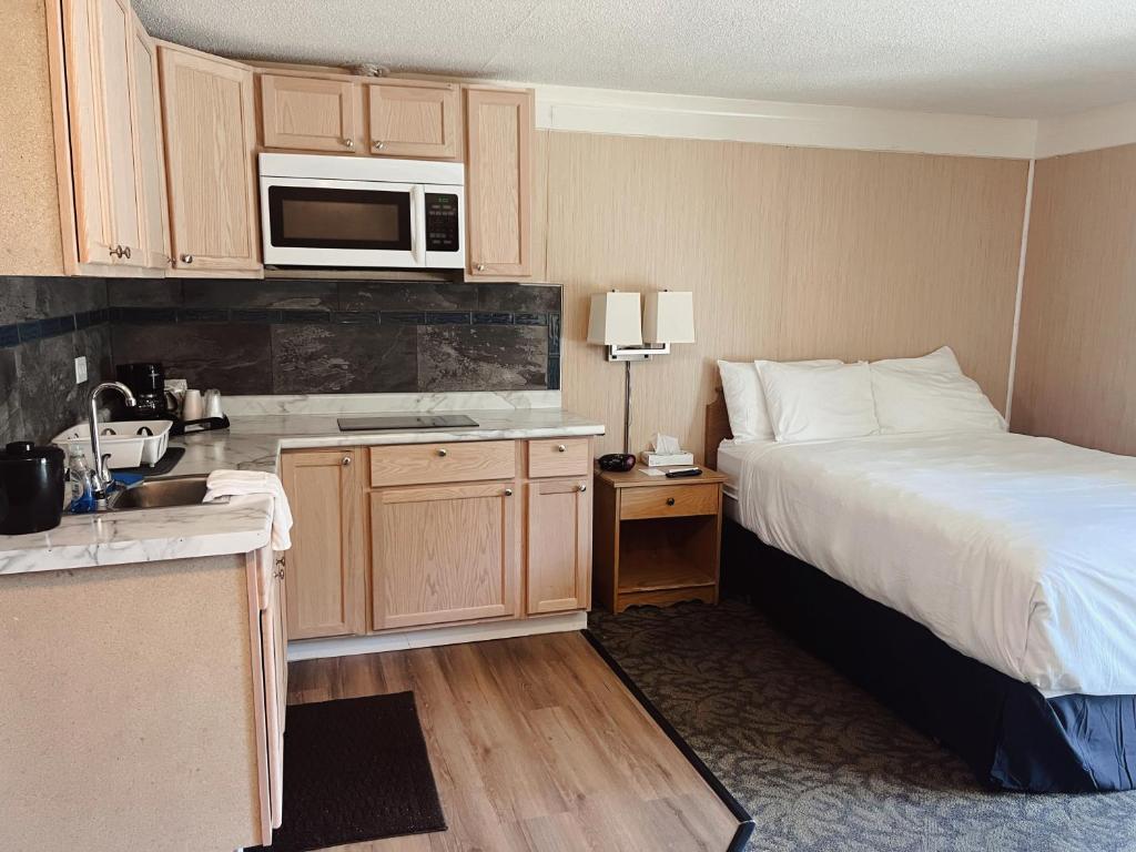 a bedroom with a bed and a kitchen with a microwave at Hampton Motel in Hampton