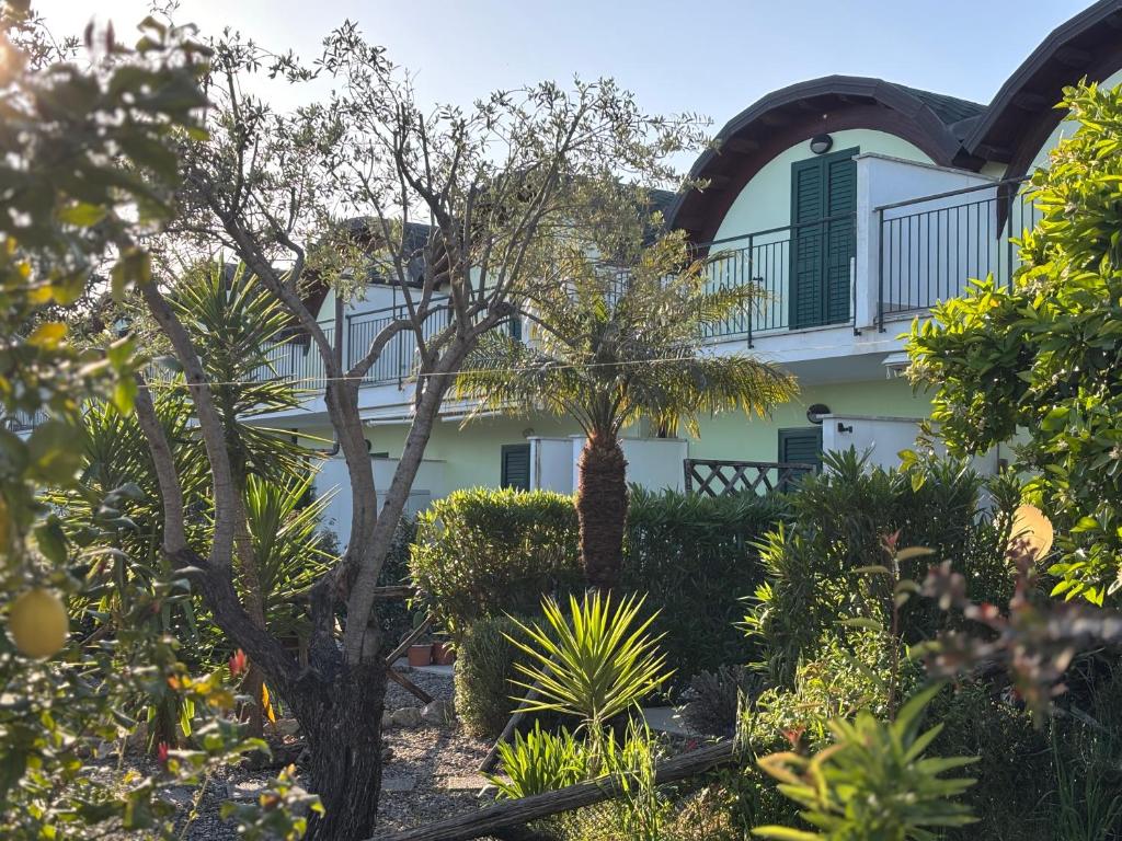 a white house with trees and plants in front of it at South Italy summer house in Stazione di San Sostene