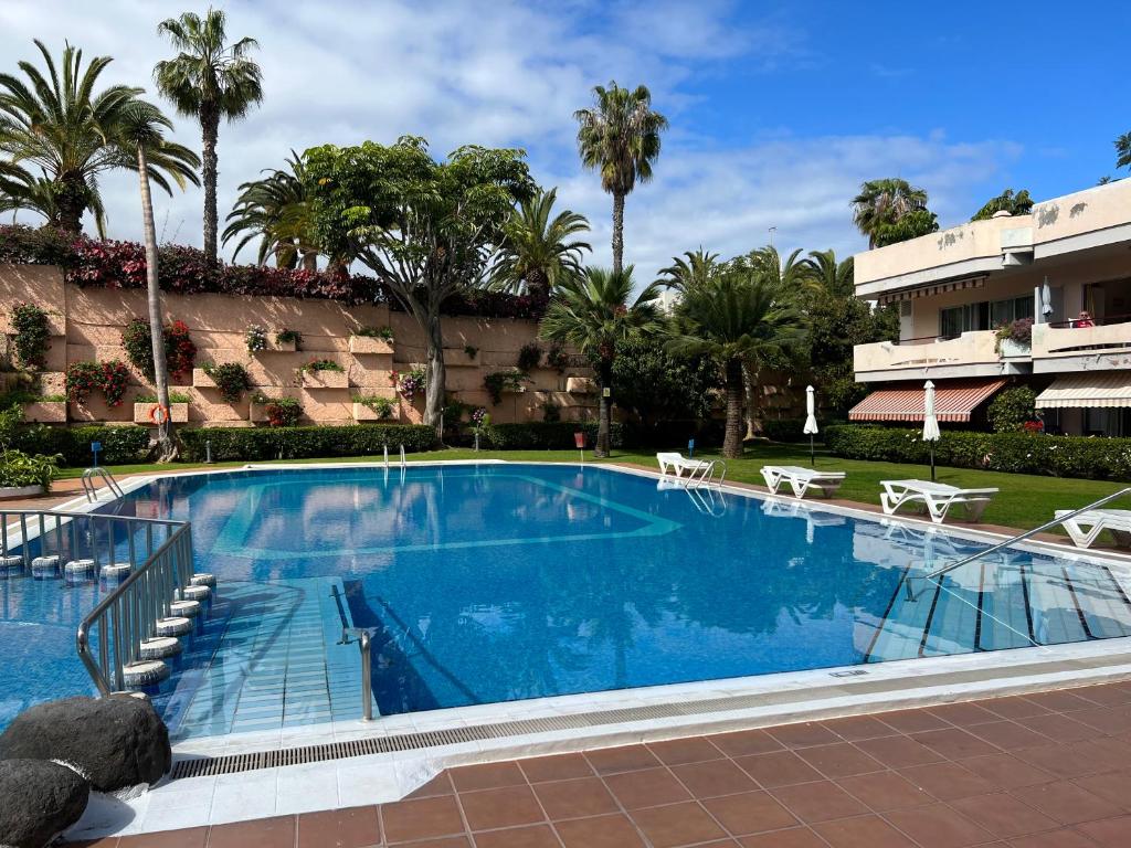 a large swimming pool next to a building with palm trees at Jose Carlos in Puerto de la Cruz
