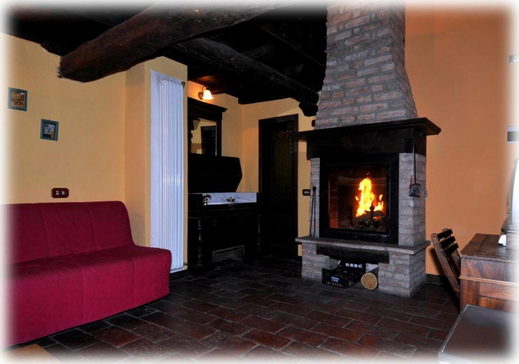 a living room with a fireplace and a red couch at Agriturismo La Fenice in Tolè