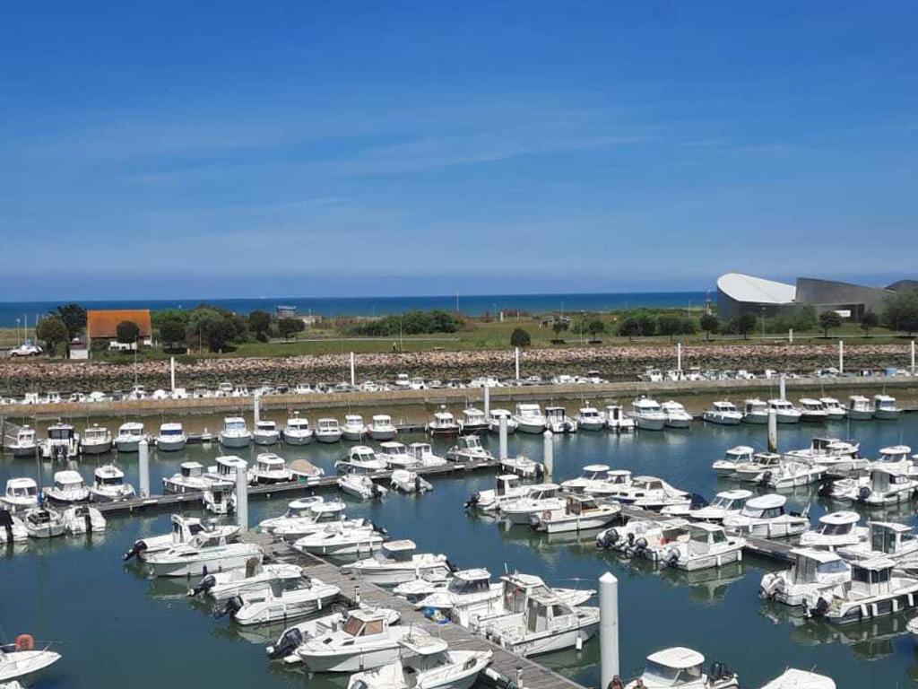 un groupe de bateaux amarrés dans un port dans l'établissement Appartement 200m de la plage, 4 couchages, parking privé - FR-1-746-19, à Courseulles-sur-Mer