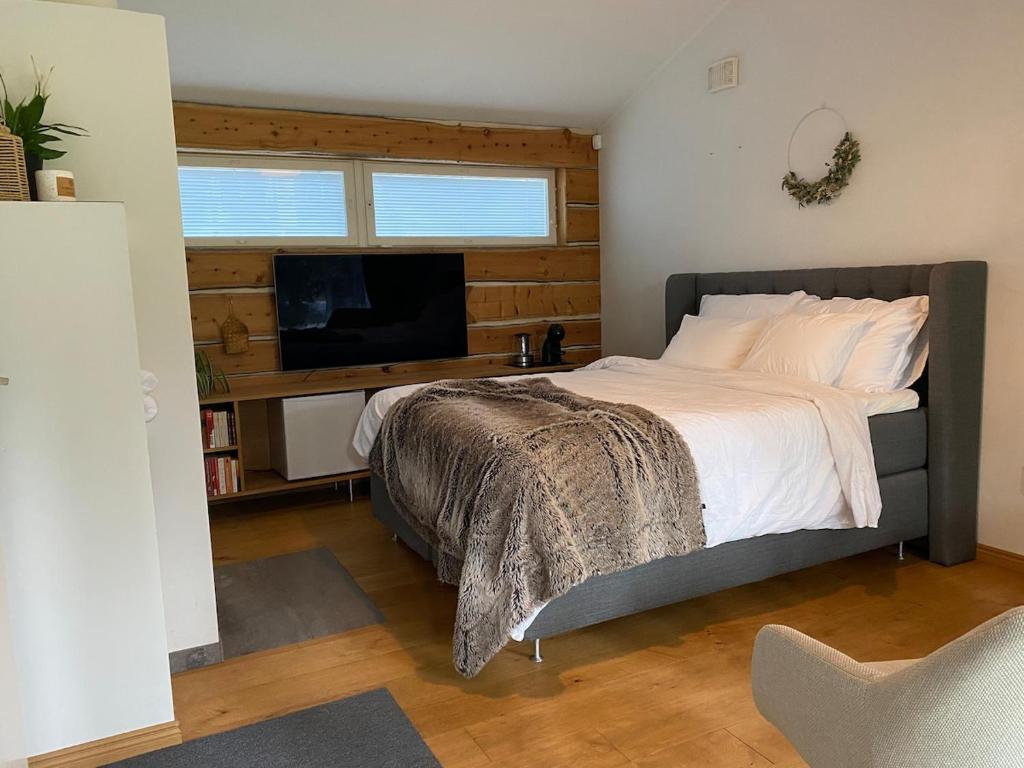una camera da letto con un letto grande e una televisione di Sauna cottage in Nuuksio a Espoo