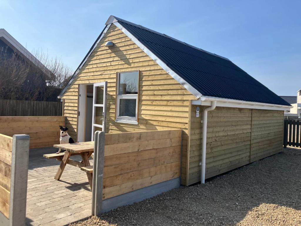 a small wooden building with a dog sitting in front of it at Thorsminde Camping & Cottages in Thorsminde