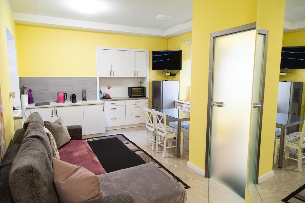 a living room with a couch and a kitchen at Apartament przy Rynku in Ostrowiec Świętokrzyski
