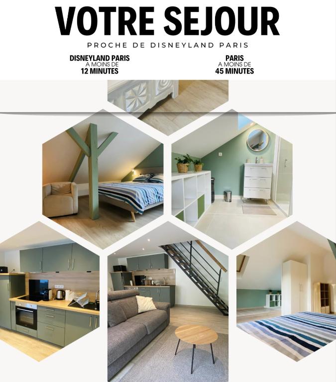 un collage de photos d'une chambre dans l'établissement Logement entier 4 personnes Eurodisneyland Paris, à Condé-Sainte-Libiaire
