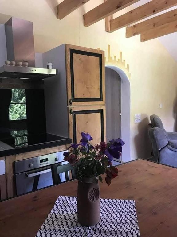 un vase de fleurs sur une table dans une cuisine dans l'établissement Entre lac et montagne, à Faverges