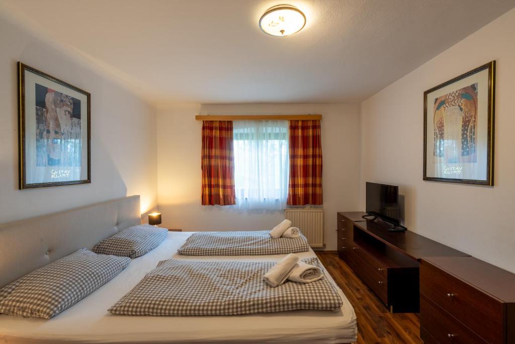 a bedroom with two beds and a television in it at Studio Nonntal in Salzburg