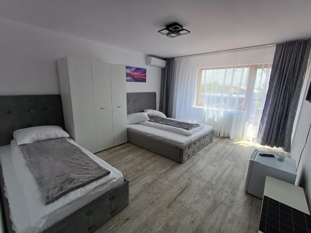 a bedroom with two beds and a couch and a window at La Plantă-Therme Airport Bucharest in Baloteşti