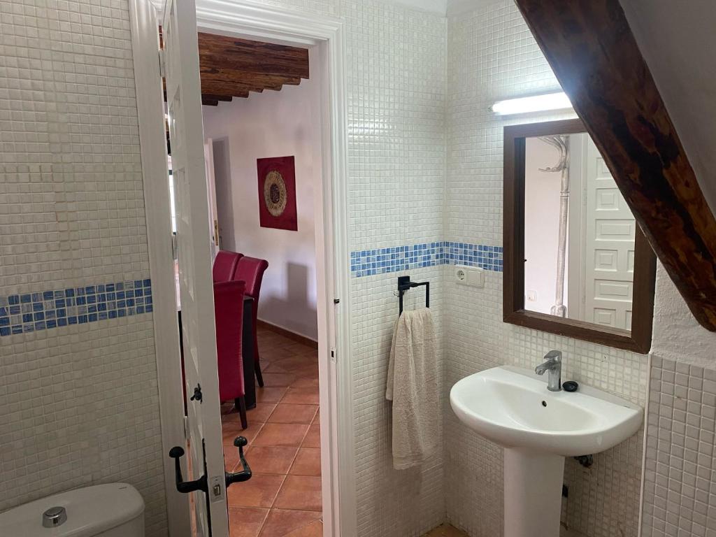 een badkamer met een wastafel en een spiegel en een toilet bij Cortijo Bachiller Alora 18 personas Fiestas tranquilas in Alora