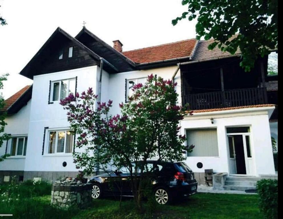 Una casa blanca con un coche aparcado delante. en The land of the appletrees, en Bran