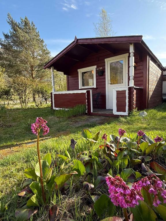 a small house with flowers in front of it at Cozy Camping Cabin in Hjelmeland