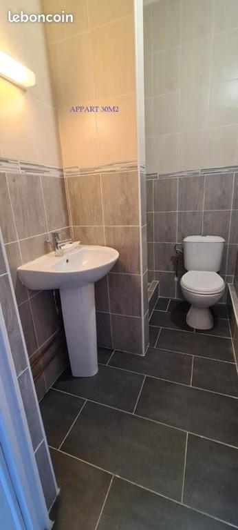 une salle de bain avec un lavabo et des toilettes dans l'établissement Studio en location, à Angerville