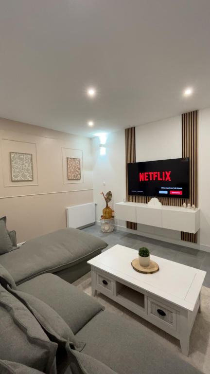 un salon avec un canapé et une télévision dans l'établissement Maison appartement 54m2, à Varennes-Vauzelles