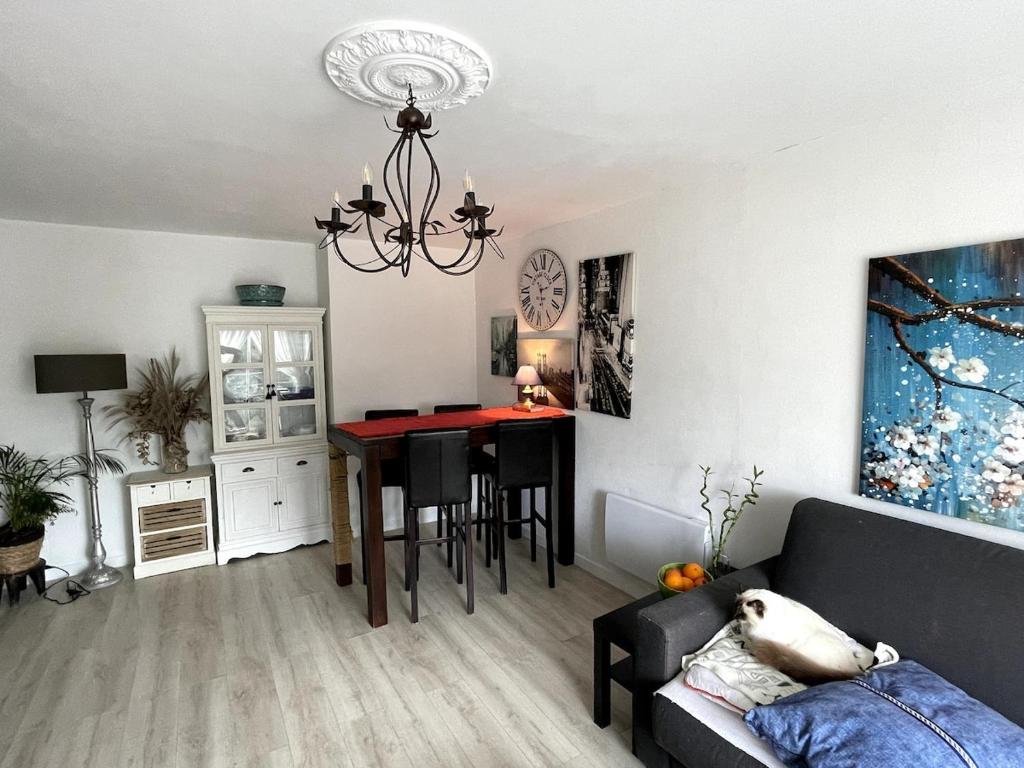 un salon avec un canapé et une table dans l'établissement Hays and Galia's apartment, à Saint-Grégoire