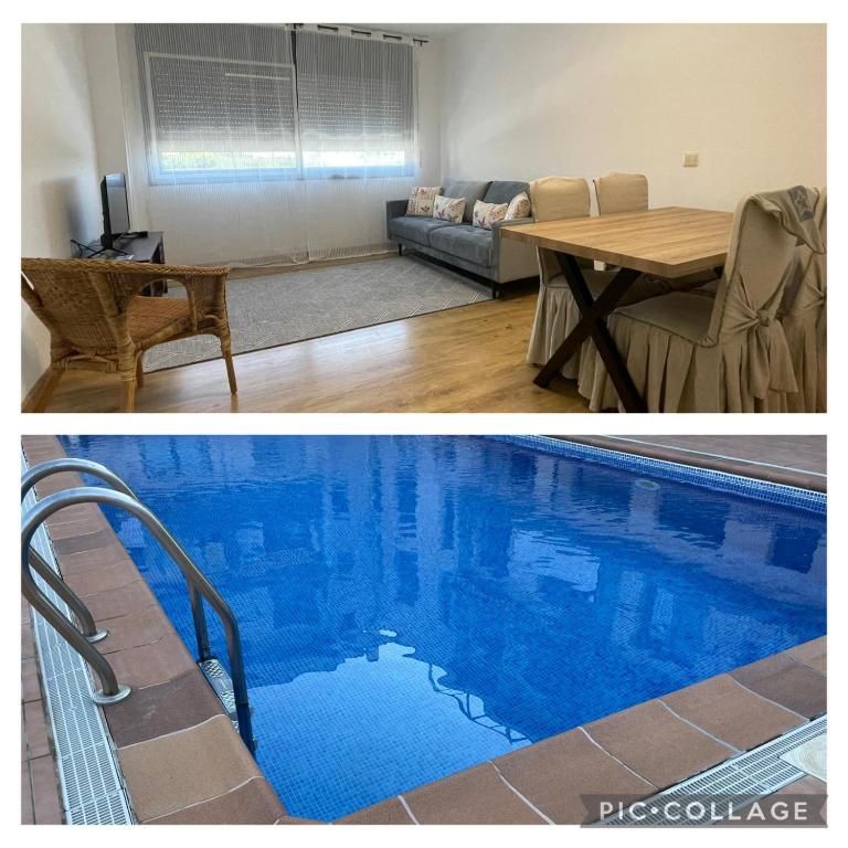 two pictures of a living room and a swimming pool at L'apartament de Carol in Deltebre