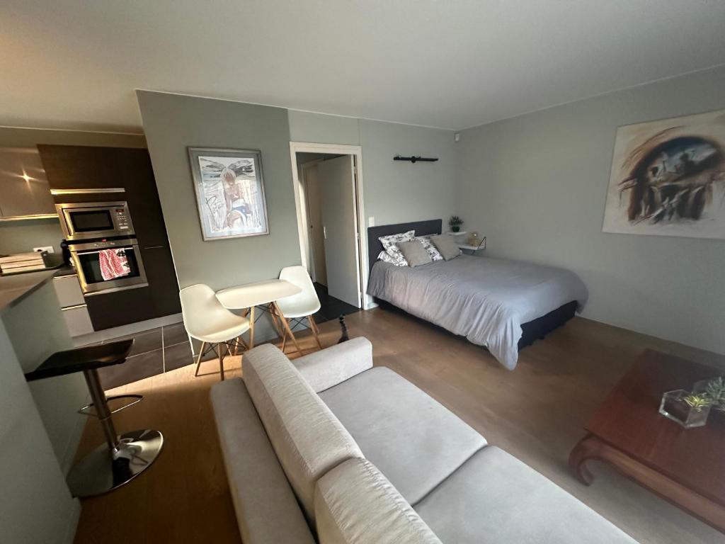 un salon avec un lit et un canapé dans l'établissement Studio avec jardin Route des sanguinaires Barbicaja, à Ajaccio