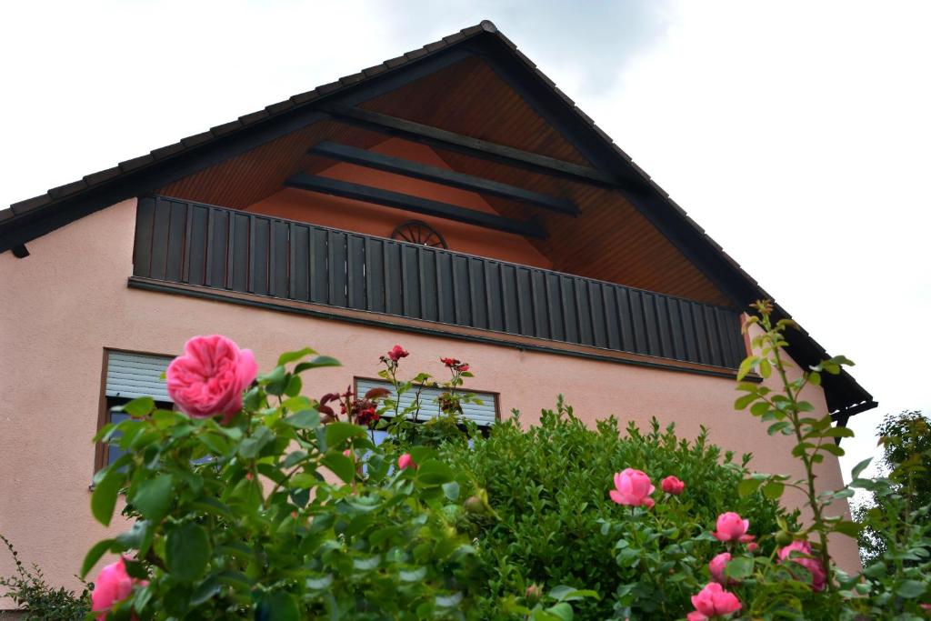 a pink building with a window and pink roses at Ferienwohnung im Mühlengrund in Hofheim in Unterfranken