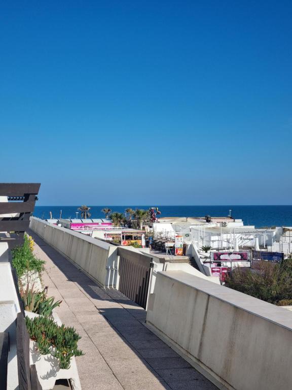 un trottoir à côté d'une plage avec des bateaux dans l'eau dans l'établissement VILLAGE NATURISTE - CAP d'AGDE - PORT NATURE 2 - VUE MER - COURSIVE, au Cap d'Agde
