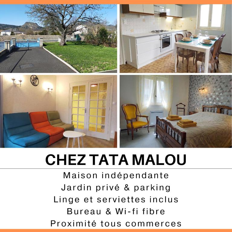 un collage de photos d'une cuisine et d'un salon dans l'établissement Chez Tata Malou - Maison avec jardin, cour fermée, proche toutes commodités, à Saint-Julien-Chapteuil