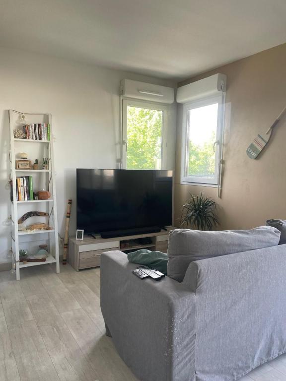un salon avec un canapé et une télévision à écran plat dans l'établissement Appartement calme avec vue montagnes marseille, à Marseille