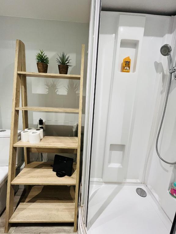 een douche met houten planken in de badkamer bij Casa Tranquila in Angers