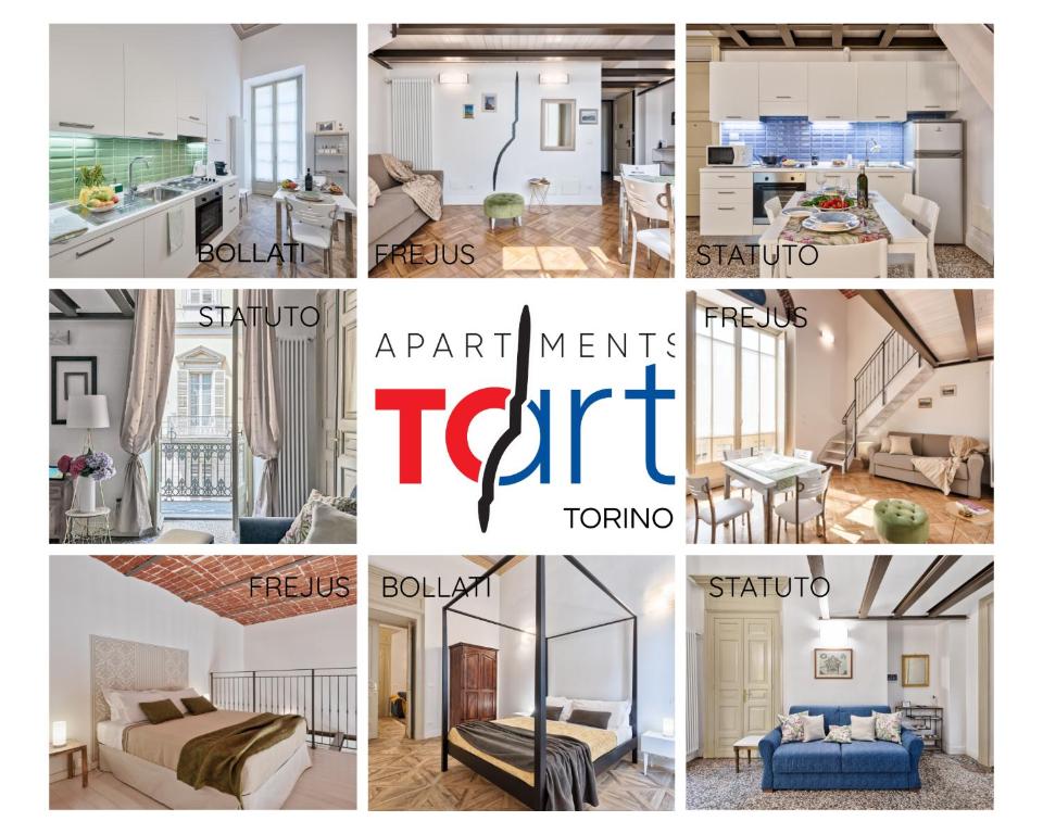 kolaż różnych zdjęć salonu w obiekcie Apartments to Art w Turynie